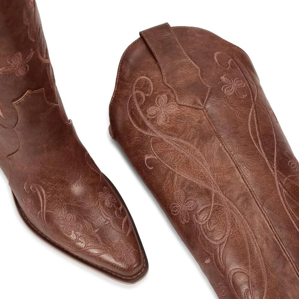 Women Caramel Reddish Brown Knee High Cowgirl Boots, Western Boots with Pointed